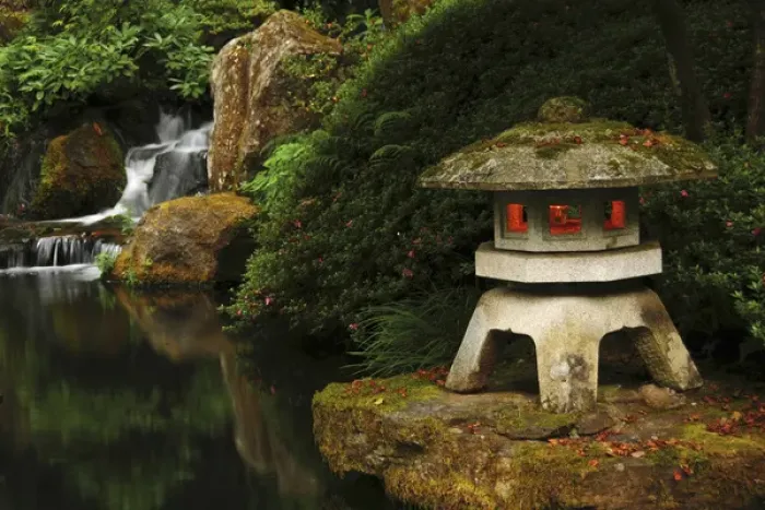 Framed Print : Lit Pagoda and Waterfall, Portland Japanese Garden, Portland, Oregon, USA