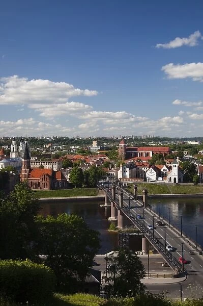Lithuania, Central Lithuania, Kaunas, elevated view of Vytautas Church, Aleksoto tiltas bridge
