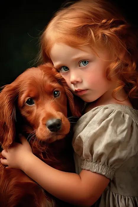 Framed Print : Little girl hugging Irish setter puppy. ©Jim Zuckerman  /  Jaynes Gallery  /  DanitaDelimont.com (AI)