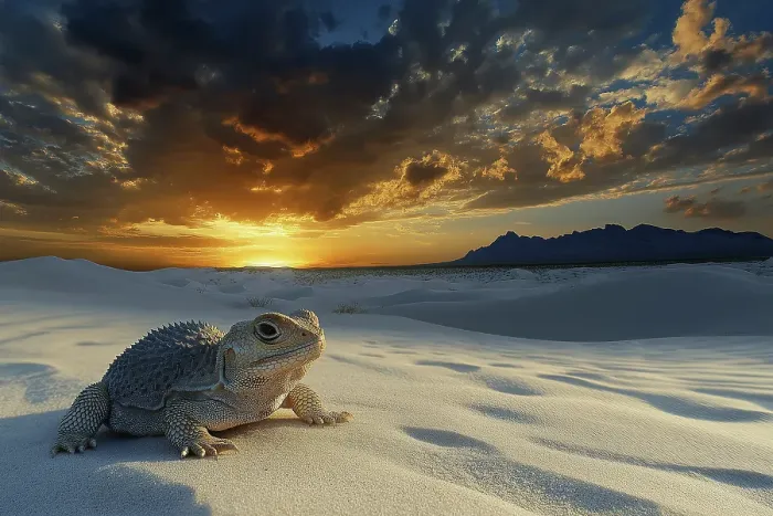 Framed Print : Lizard in white sand dunes. (AI Generated) Framed Print : Lizard in white sand dunes. (AI Generated)