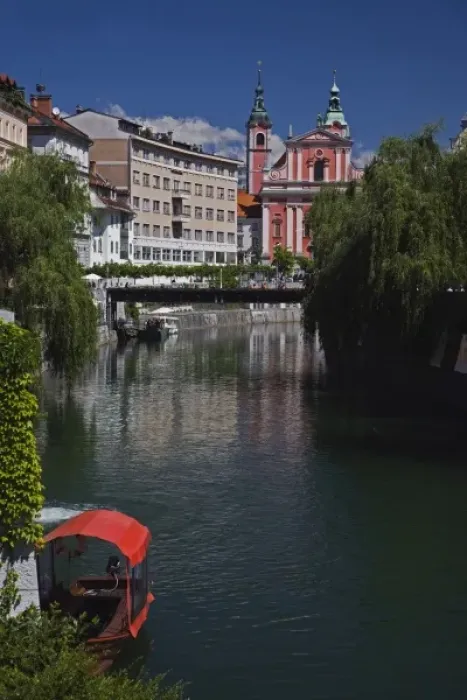 Framed Print : Ljubljanica River and Franciscan Church, Ljubljana, Slovenia