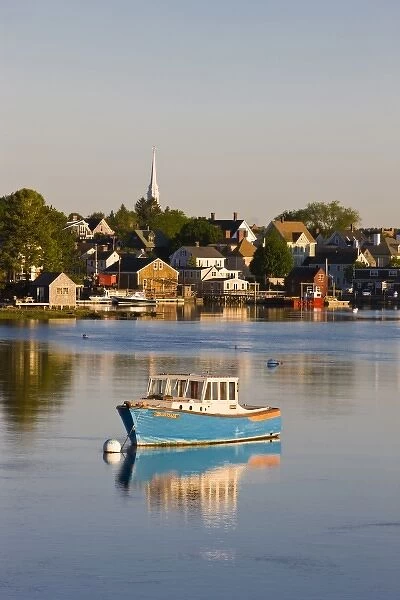 Lobster boat moored in the Piscataqua River in the South End in Portsmouth, New Hampshire