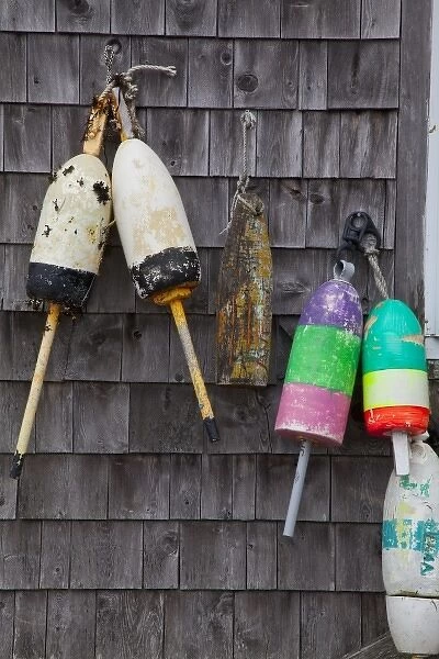 Lobster buoys on shed in Bunker Harbor, Maine, USA