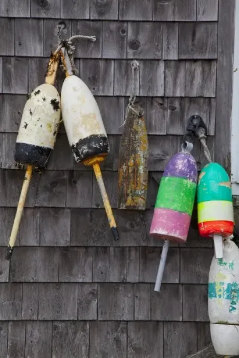 Framed Print : Lobster buoys on shed in Bunker Harbor, Maine, USA