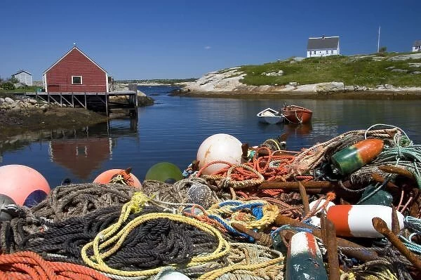 Lobster pots, buoys, and ropes on the dock at Peggys Cove, Nova Scotia, Canada