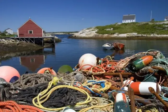Framed Print : Lobster pots, buoys, and ropes on the dock at Peggys Cove, Nova Scotia, Canada