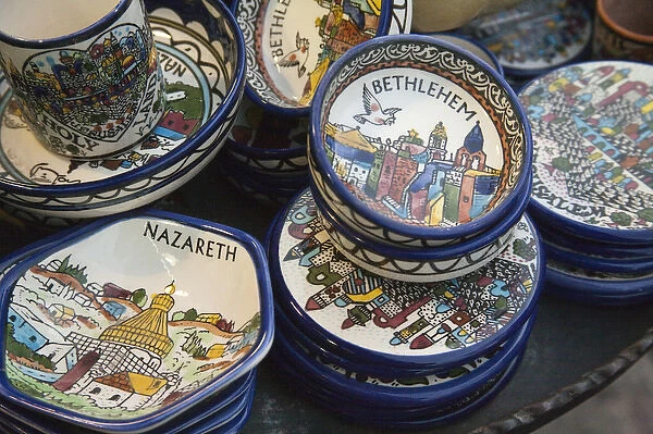 Local ceramic ware with Biblical themes on Nazareth, Israel sidewalk