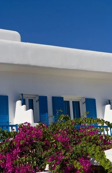 A local whitewashed building with beautiful flowers, Mykonos, Greece