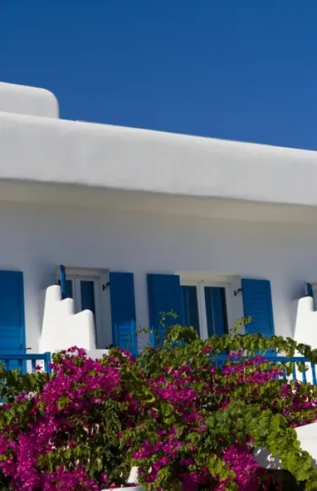 Framed Print : A local whitewashed building with beautiful flowers, Mykonos, Greece Framed Print : A local whitewashed building with beautiful flowers, Mykonos, Greece