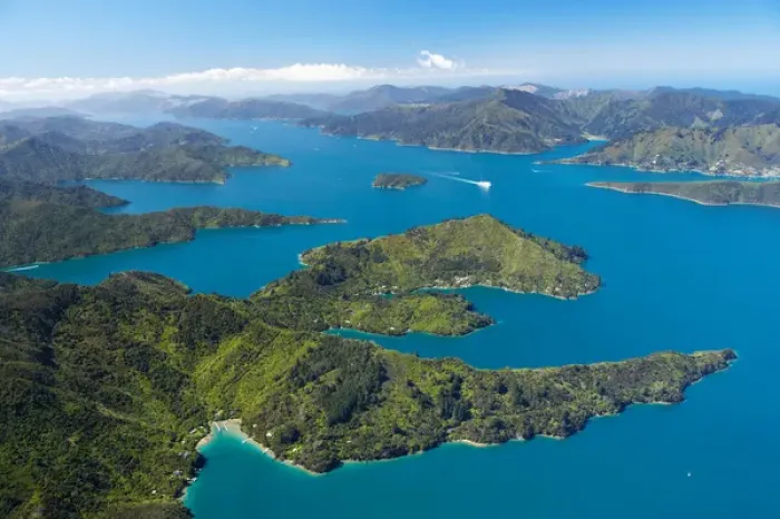 Framed Print : Lochmara Bay (bottom), Double Bay (right), Torea Bay (left) and Queen Charlotte Sound