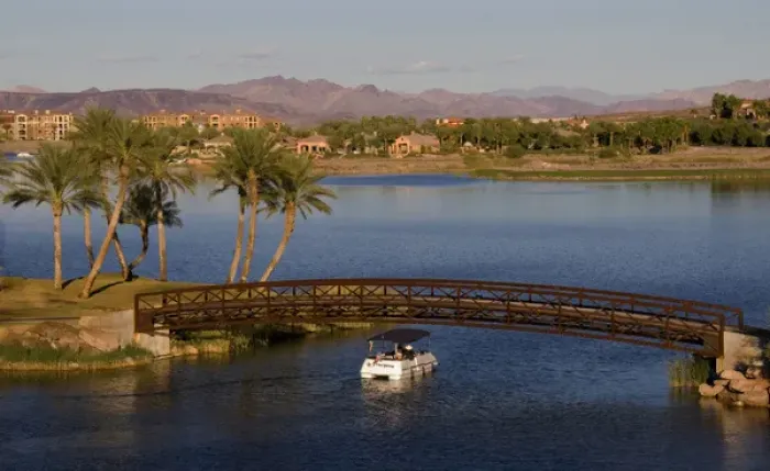 Framed Print : Loews Lake Las Vegas Resort, Reflection Bay bridge with a small boat going under Framed Print : Loews Lake Las Vegas Resort, Reflection Bay bridge with a small boat going under