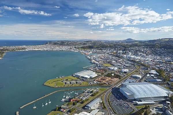 Logan Park, Forsyth Barr Stadium, and Otago Harbour, Dunedin, South Island, New Zealand