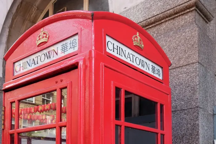 Framed Print : London, England, Great Britain. Chinatown vintage old phone booth. (Editorial Use Only)