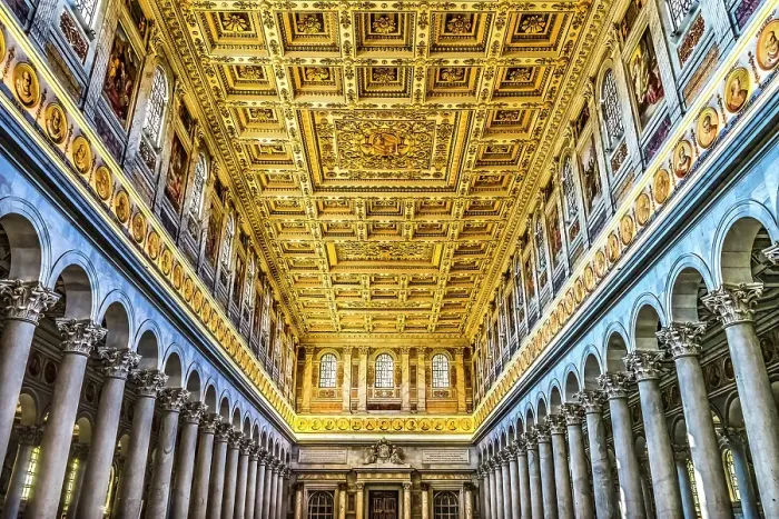 Framed Print : Long columns, Papal Basilica of Saint Paul, Rome, Italy. One of 4 Papal basilicas, established over Saint Paul's burial place in 324 by Emperor Constantine. (Editorial Use Only) Framed Print : Long columns, Papal Basilica of Saint Paul, Rome, Italy. One of 4 Papal basilicas, established over Saint Paul's burial place in 324 by Emperor Constantine. (Editorial Use Only)