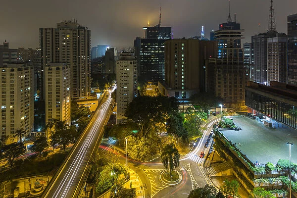 Long exposure night photography during a foggy night in downtown Sao Paulo, Brazil