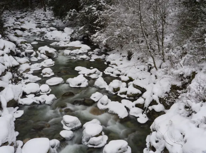 Framed Print : Long exposure of river in winter in Squamish, British Columbia, Canada Framed Print : Long exposure of river in winter in Squamish, British Columbia, Canada