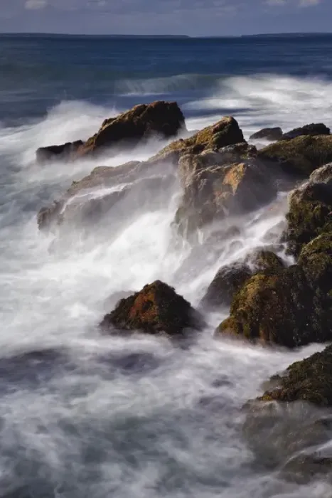 Framed Print : Long exposure of wave crashing against rocky coastline, Acadia National Park, Maine
