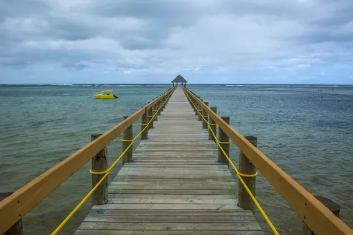 Framed Print : Long wooden pier, Coral Coast, Viti Levu, Fiji, South Pacific