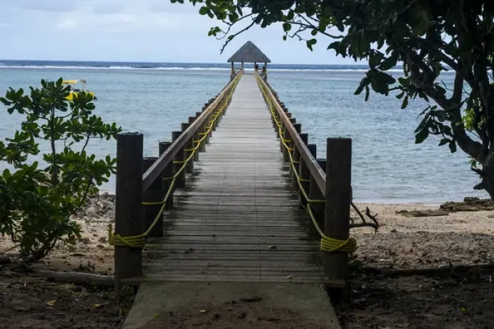 Framed Print : Long wooden pier, Coral Coast, Viti Levu, Fiji, South Pacific
