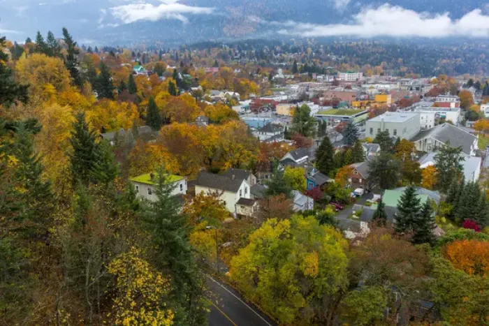 Framed Print : Looking down into autumn in downtown Nelson, British, Columbia, Canada Framed Print : Looking down into autumn in downtown Nelson, British, Columbia, Canada