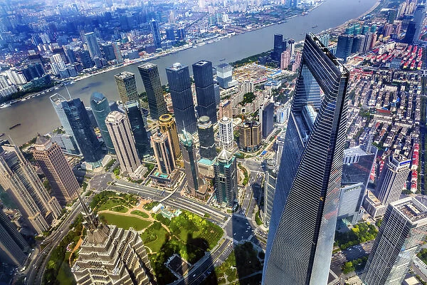 Looking Down on Black Shanghai World Financial Center SkyscraperJin Mao Tower Huangpu
