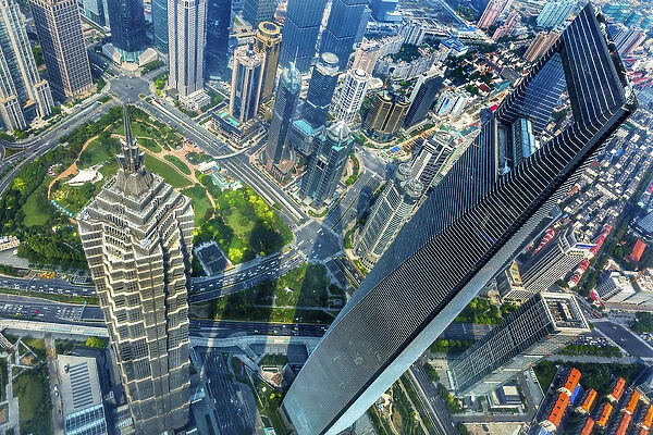 Looking Down on Black Shanghai World Financial Center SkyscraperJin Mao Tower Cityscape
