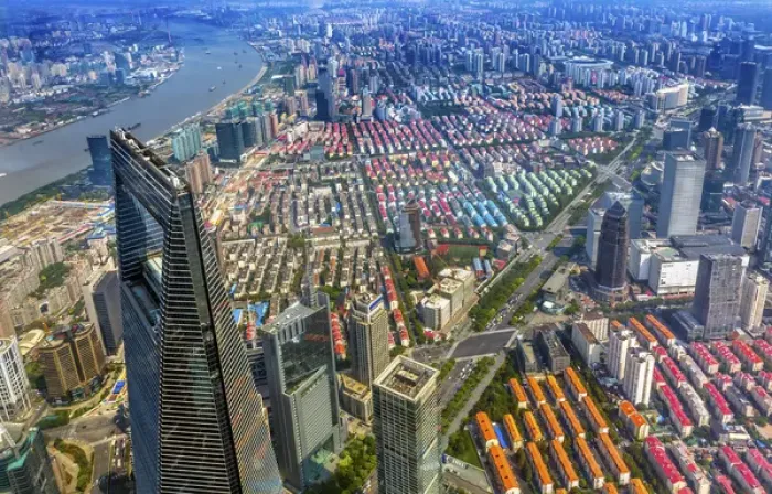 Framed Print : Looking Down on Black Shanghai World Financial Center Skyscraper Huangpu River Cityscape