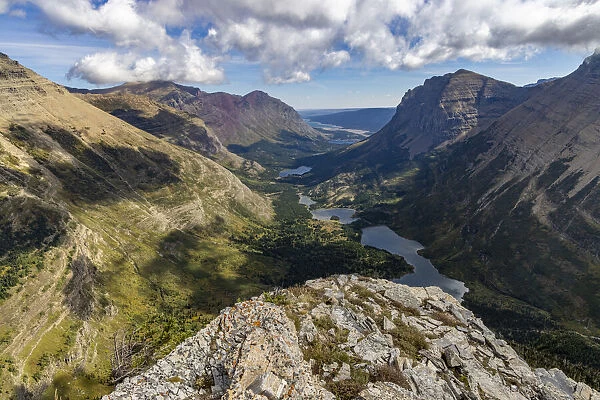Looking down on Chain of Lakes to the Many Glacier Valley from Swiftcurrent Pass area in Glacier National Park, Montana, USA