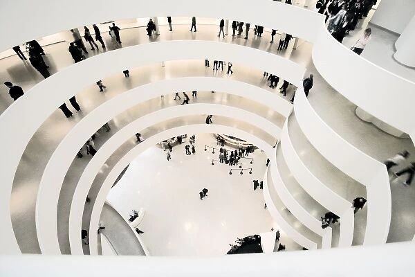 Looking down at the entrance and lower circular levels of the Guggenheim Museum in