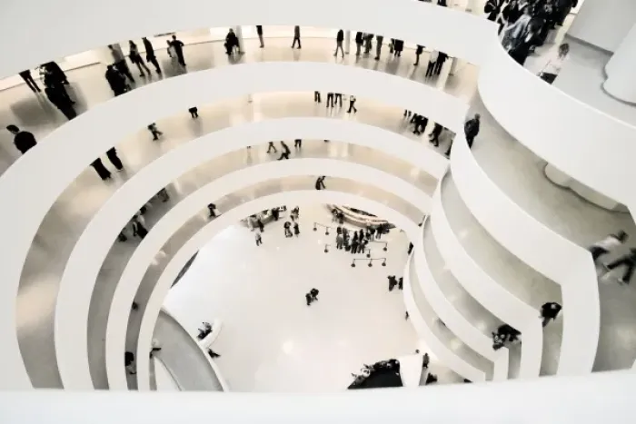 Framed Print : Looking down at the entrance and lower circular levels of the Guggenheim Museum in Framed Print : Looking down at the entrance and lower circular levels of the Guggenheim Museum in