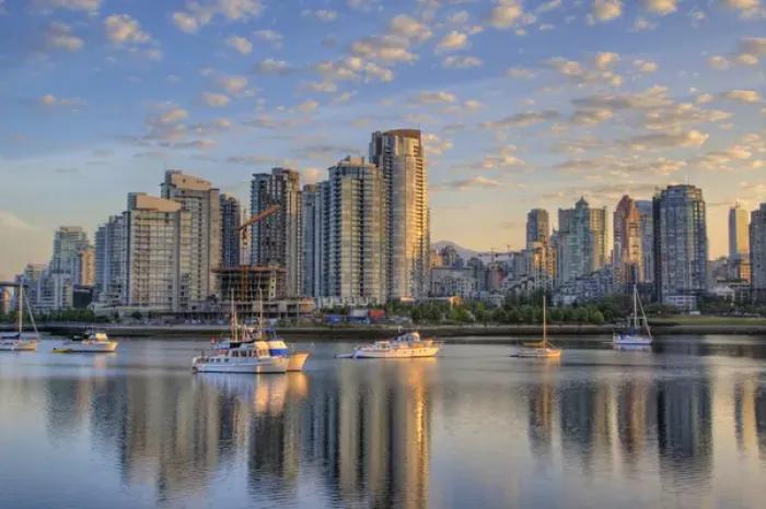Framed Print : Looking across False Creek at the skyline of Vancouver British Columbia at sunrise Framed Print : Looking across False Creek at the skyline of Vancouver British Columbia at sunrise
