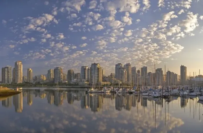 Framed Print : Looking across False Creek at the skyline of Vancouver British Columbia at sunrise