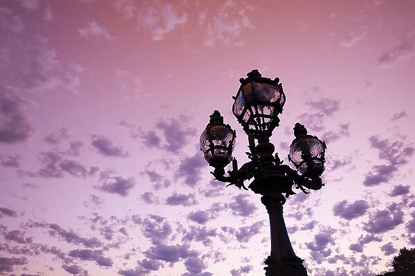 Looking up at a lamp post on Pont Alexandre III, with a pink sky behind it. Pont Alexandre III, Paris, Ile-de-France, France
