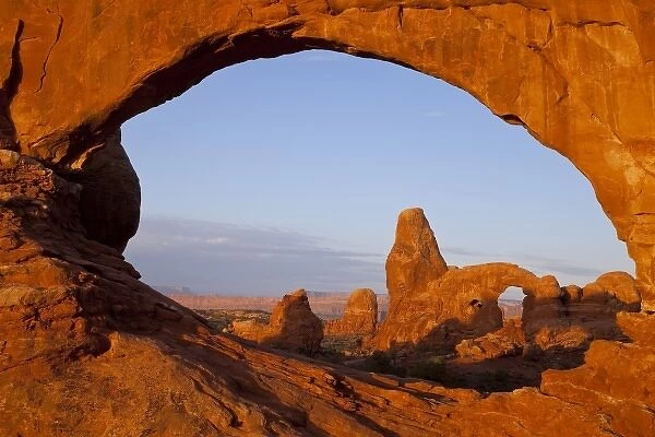 Looking through the North Window onto Turret Arch in Arches National Park, Utah, USA