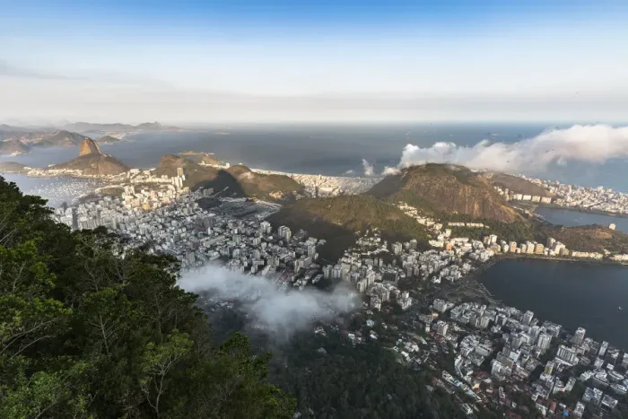 Framed Print : Looking down on Rio de Janiero from Corcovado Mountain with Copacabana Beach and Sugarloaf Moutain