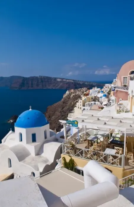 Framed Print : Looking down the steep cliffs of white buildings in beautiful Oia in Santorini in Framed Print : Looking down the steep cliffs of white buildings in beautiful Oia in Santorini in