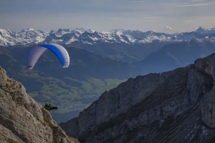 Framed Print : Lucerne, Switzerland. Paragliding off Mt. Pilatus