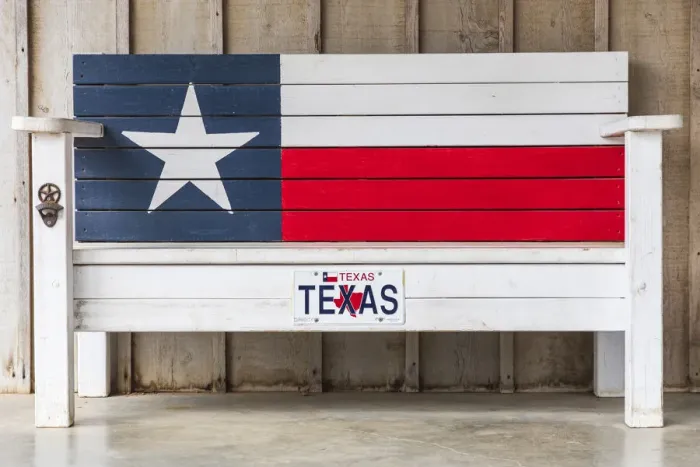 Framed Print : Luckenbach, Texas, USA. Bench painted like the Texas flag. (Editorial Use Only)