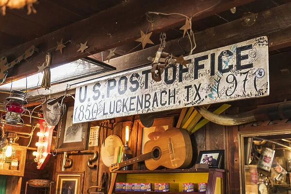 Luckenbach, Texas, USA. Post office sign in a tourist shop in Luckenbach, Texas