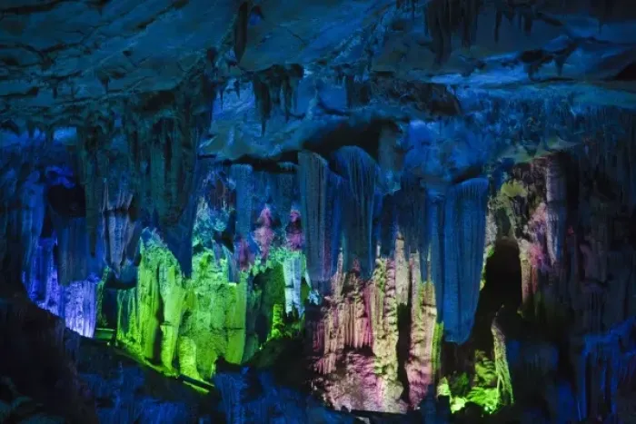 Framed Print : Ludi (Reed Flute) Cave, limestone cave formation, near Guilin, Guangxi, China