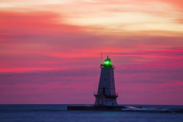 Ludington North Pierhead Lighthouse at sunset on Lake Michigan, Mason County, Ludington