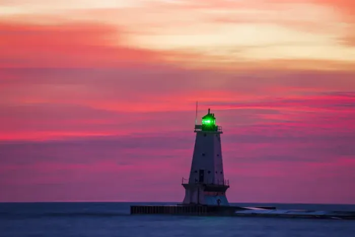 Framed Print : Ludington North Pierhead Lighthouse at sunset on Lake Michigan, Mason County, Ludington