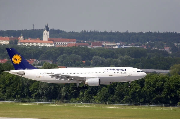 Lufthansa airplane landing at Munich airport, Germany. germany, german, europe