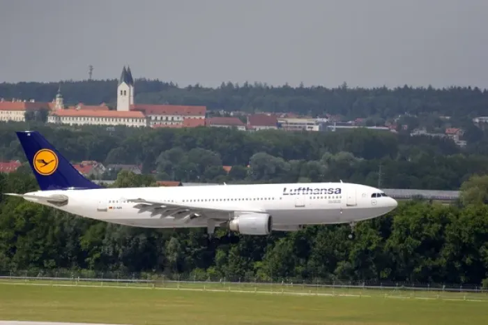 Framed Print : Lufthansa airplane landing at Munich airport, Germany. germany, german, europe
