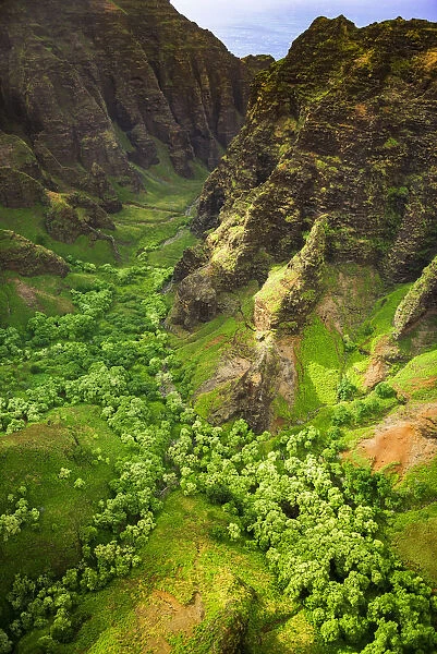 Lush valley and cliffs, Nualolo Kai State Park, Kauai, Hawaii, USA