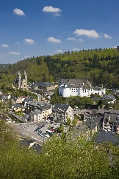 Luxembourg, Clervaux. High angle view of town and Clervaux Castle (c. 12th c), the