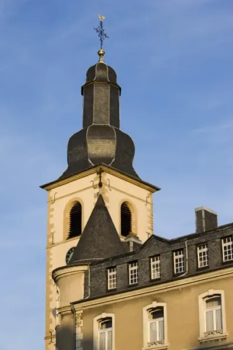 Framed Print : Luxembourg, Luxembourg City. Sunset light on church buildings on rue Sigefroi, upper town