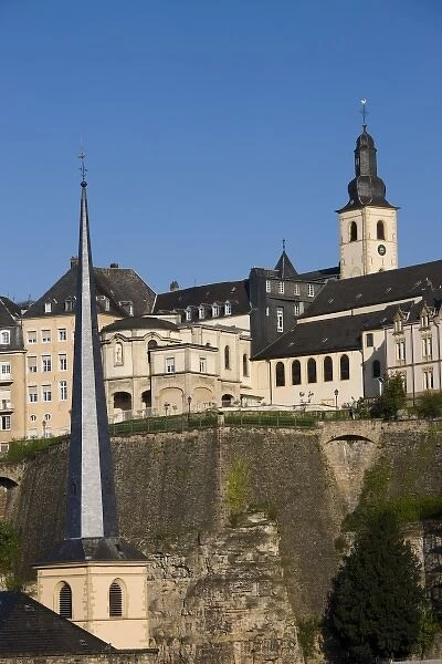 Luxembourg, Luxembourg City. View of Grund, lower town, with St. Jean du Grund church