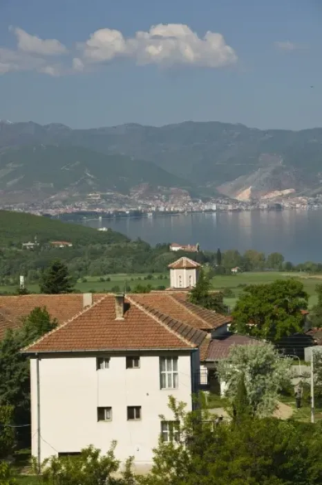 Framed Print : MACEDONIA, Ljubanista. Village by Sveti Naum Church with view of Lake Ohrid