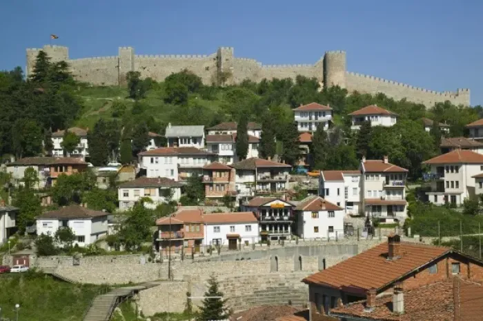 Framed Print : MACEDONIA, Ohrid. Car Samoils Castle and Old Town from Sveti Kliment Church